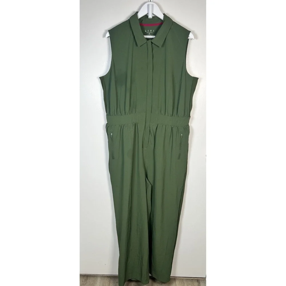 LIVI By Lane Bryant Plus Size 18 Green Stretch‎ Woven Zip-Up Sleeveless Jumpsuit - Picture 2 of 13
